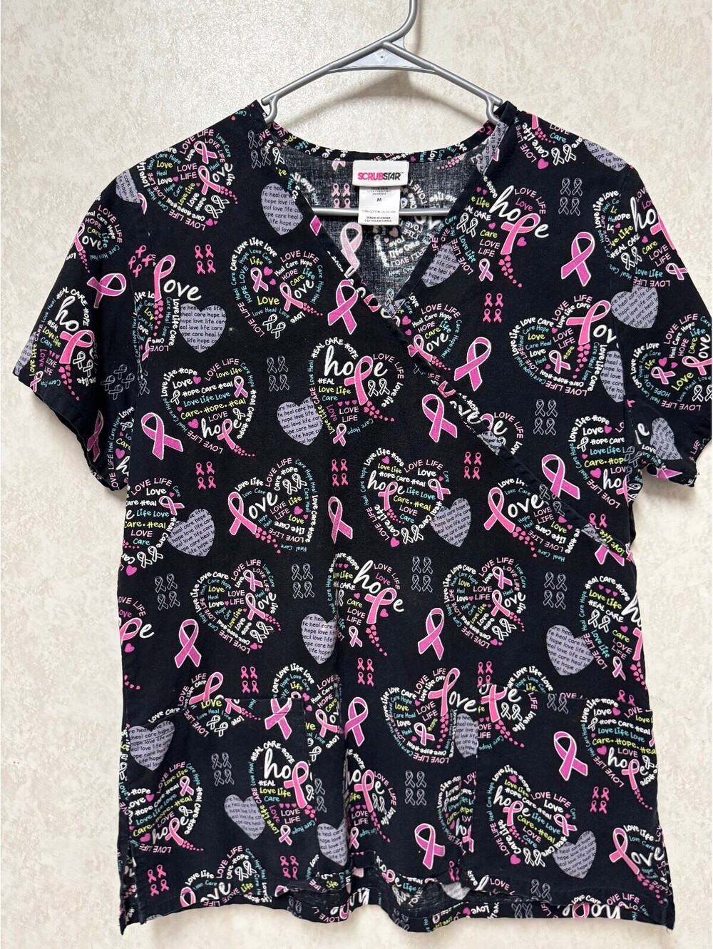 Scrubstar Pink Ribbon Scrub Top V-Neck Breast Cancer Awareness Black Medium
